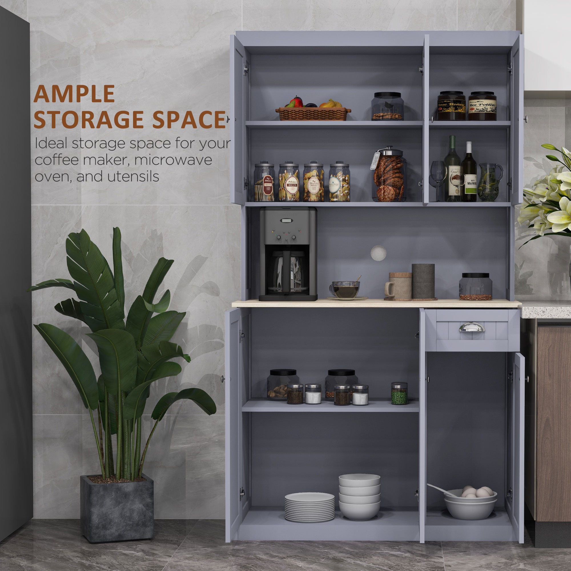 HOMCOM 180cm Freestanding Kitchen Cabinet, Modern Storage Cupboard with Open Countertop, Drawer and 6 Doors, Grey